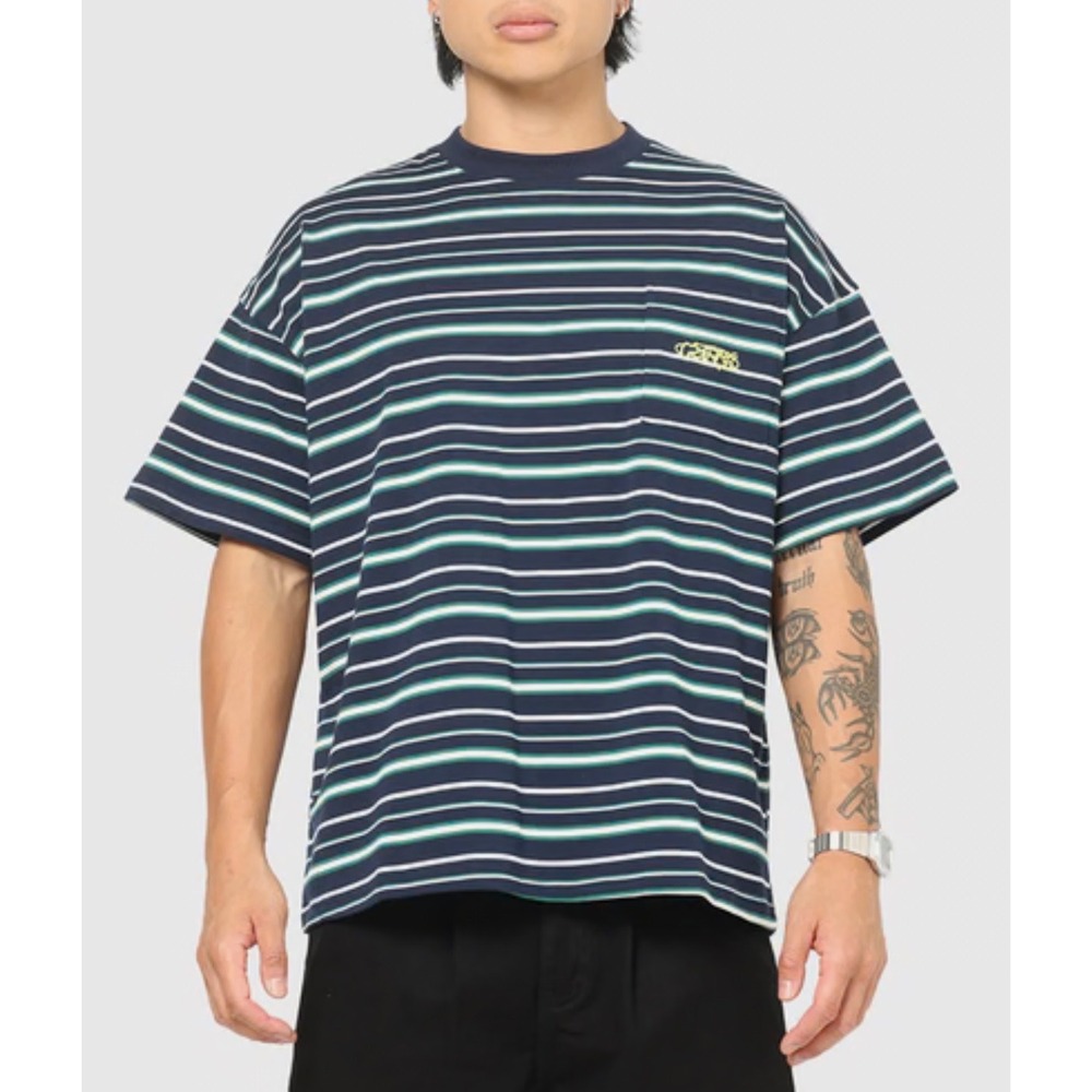 Carre Mens XXL Striped Pocket T-Shirt Navy Green White Oversized Cotton Tee
